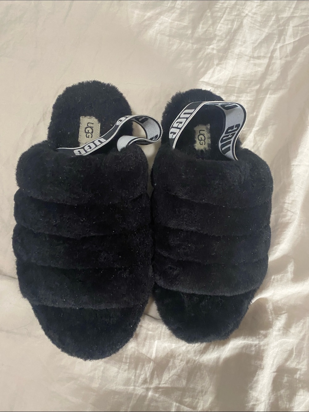 UGG woman’s Black Fluffy Slide with Branded Heel Strap
